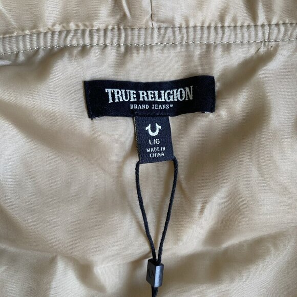 NEW True Religion Jacket Varsity Budda Men Tan White Hood Fwux‎ Leather size L - Picture 5 of 7